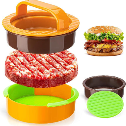 3-in-1 Hamburger and Hamburger Press - Hamburger Mold - Non-stick, durable patty maker for stuffed burgers and sliders - Easy to clean - Orange.