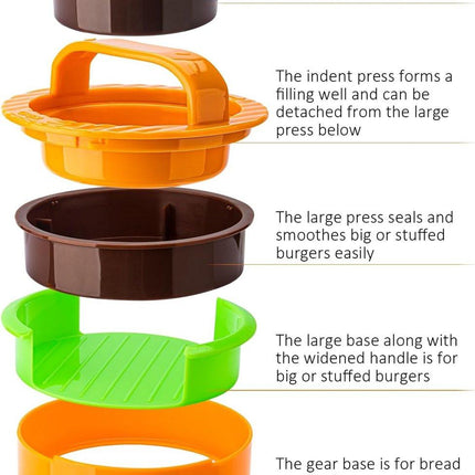 3-in-1 Hamburger and Hamburger Press - Hamburger Mold - Non-stick, durable patty maker for stuffed burgers and sliders - Easy to clean - Orange.