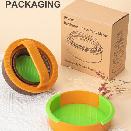 3-in-1 Hamburger and Hamburger Press - Hamburger Mold - Non-stick, durable patty maker for stuffed burgers and sliders - Easy to clean - Orange.