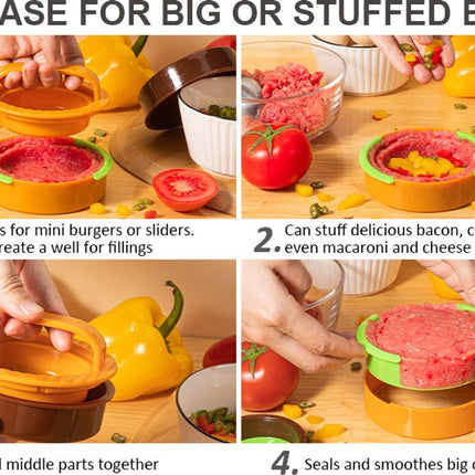 3-in-1 Hamburger and Hamburger Press - Hamburger Mold - Non-stick, durable patty maker for stuffed burgers and sliders - Easy to clean - Orange.