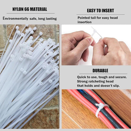 Nylon Cable Ties - Pack of 100 - 300mm x 4.8mm - Large White Nylon Cable Ties - Extra Strong - Tensile Strength 23kg - Self-Locking Plastic Cable Ties - Suitable for Home, Garden and Office Use..