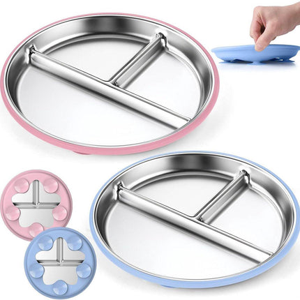 Children's Plate - Stainless Steel - Suction Cup - Shatterproof - Food Safe - 20 cm - Blue/Pink.