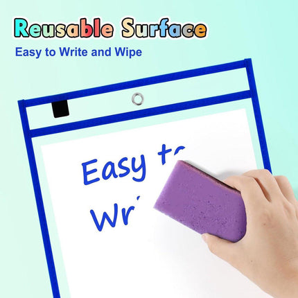 Erasable and Writable Folders - Pack of 20 | Includes 20 water-based whiteboard markers and 2 erasers - Transparent plastic folders/protective covers - Drawing and tracing bags for young children - Erasable and writable - Random colors.