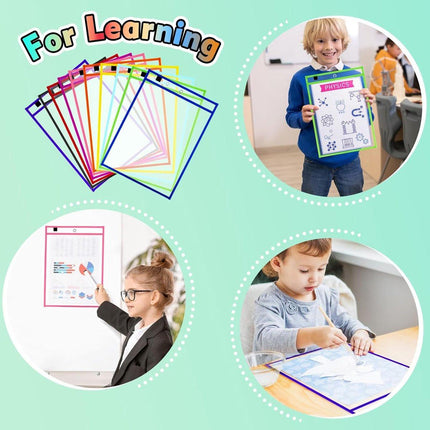 Erasable and Writable Folders - Pack of 20 | Includes 20 water-based whiteboard markers and 2 erasers - Transparent plastic folders/protective covers - Drawing and tracing bags for young children - Erasable and writable - Random colors.