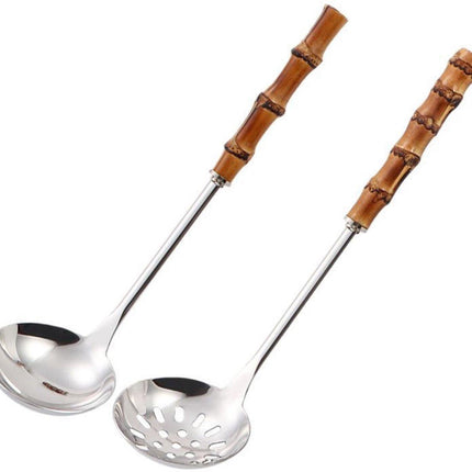 Spoons - 2-Piece Set - Stainless Steel Soup Spoon with Bamboo Handle - Long Handle Soup Spoon - Soup Spoon - Strainer - Strainer Set - Durable and Comfortable Kitchen Utensils.