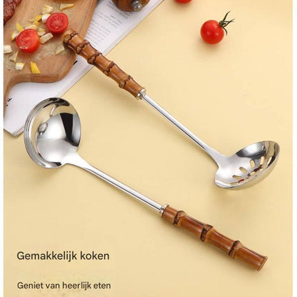 Spoons - 2-Piece Set - Stainless Steel Soup Spoon with Bamboo Handle - Long Handle Soup Spoon - Soup Spoon - Strainer - Strainer Set - Durable and Comfortable Kitchen Utensils.