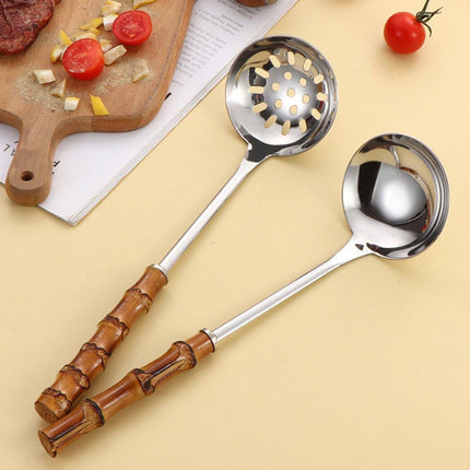 Spoons - 2-Piece Set - Stainless Steel Soup Spoon with Bamboo Handle - Long Handle Soup Spoon - Soup Spoon - Strainer - Strainer Set - Durable and Comfortable Kitchen Utensils.