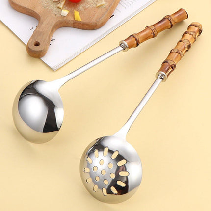 Spoons - 2-Piece Set - Stainless Steel Soup Spoon with Bamboo Handle - Long Handle Soup Spoon - Soup Spoon - Strainer - Strainer Set - Durable and Comfortable Kitchen Utensils.