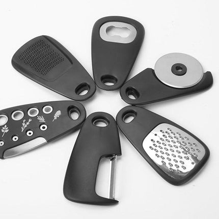 Kitchen Tools - Set of 6 - Stainless Steel Slicer - Includes Cheese Grater, Bottle Opener, Fruit and Vegetable Peeler and Pizza Cutter - Professional Cooking Utensils.