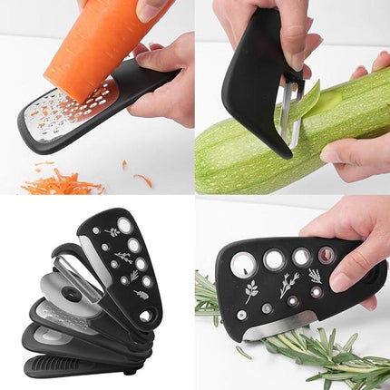 Kitchen Tools - Set of 6 - Stainless Steel Slicer - Includes Cheese Grater, Bottle Opener, Fruit and Vegetable Peeler and Pizza Cutter - Professional Cooking Utensils.