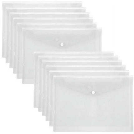 Waterproof folder - Plastic envelope - 12-pack - Transparent A4 letterhead size - with snap closure - Suitable for schools and offices..