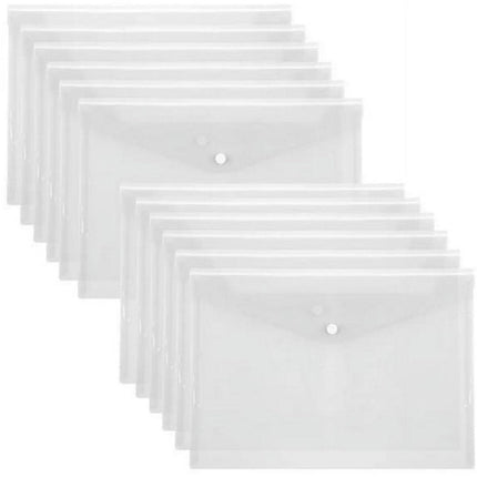 Waterproof folder - Plastic envelope - 12-pack - Transparent A4 letterhead size - with snap closure - Suitable for schools and offices..