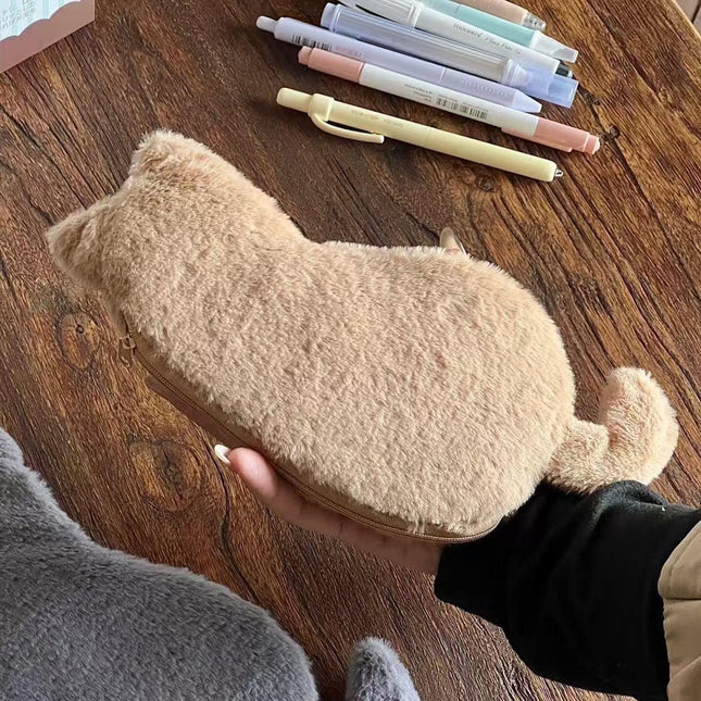 Student Storage Box - Pencil Case - Makeup Bag - Cute Cat Shaped Storage Bag - Creative Cat Shaped Storage Bag - Lightweight and Portable - Suitable for School, Office and Travel（Khaki）.