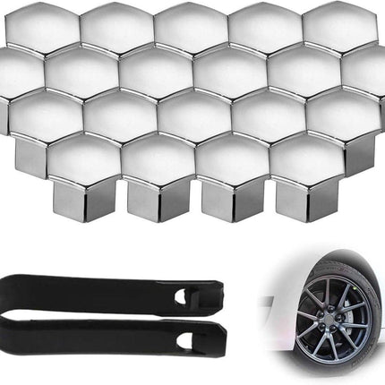 Universal wheel bolt covers (20 pieces) - 17 mm wheel bolt cover - wheel bolt cover - hexagon nut protector - with puller - suitable for all car brands (silver).