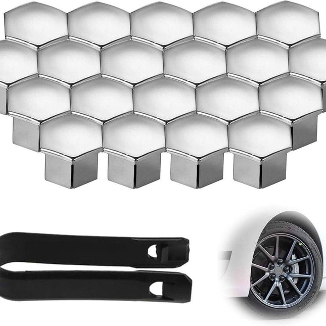 Universal wheel bolt covers (20 pieces) - 17 mm wheel bolt cover - wheel bolt cover - hexagon nut protector - with puller - suitable for all car brands (silver).
