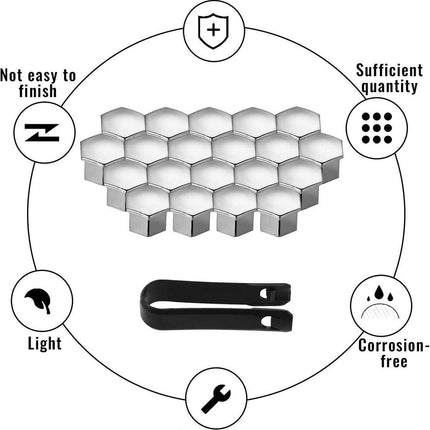 Universal wheel bolt covers (20 pieces) - 17 mm wheel bolt cover - wheel bolt cover - hexagon nut protector - with puller - suitable for all car brands (silver).