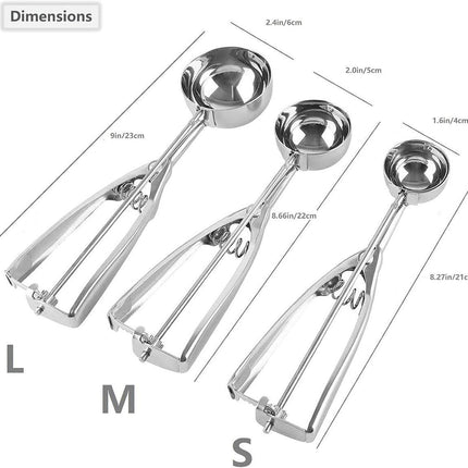 Three-Piece Ice Cream Scoop Set - Cookie Scoop Set - Stainless Steel Ice Cream Scoop with Trigger Mechanism - Large/Medium/Small Cookie Scoops - Baking Cookie Scoop Set.