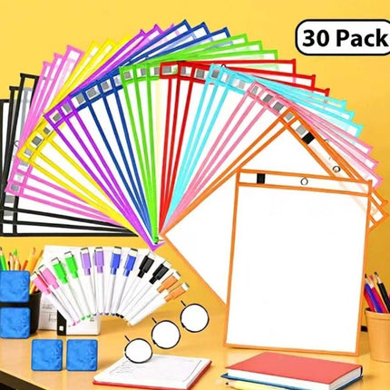Erasable and Writable Folders - Pack of 30 | Includes 30 water-based whiteboard markers and 3 iron rings - Transparent plastic folders/protective covers - Drawing and tracing bags - Erasable and writable - Random colors.