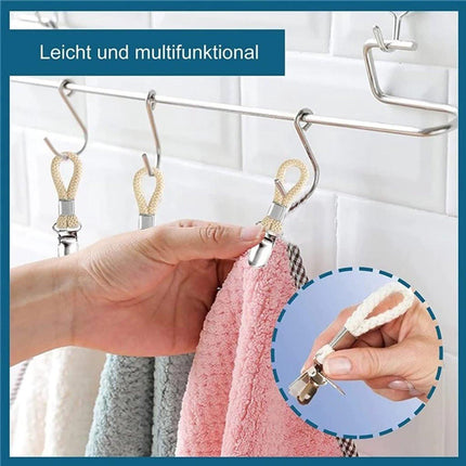Set of 4 - Woven Cotton Ring, Metal Towel Clips - Hanging Ring and Storage Clips - Suitable for Home, Bedroom and Bathroom - Multifunctional.