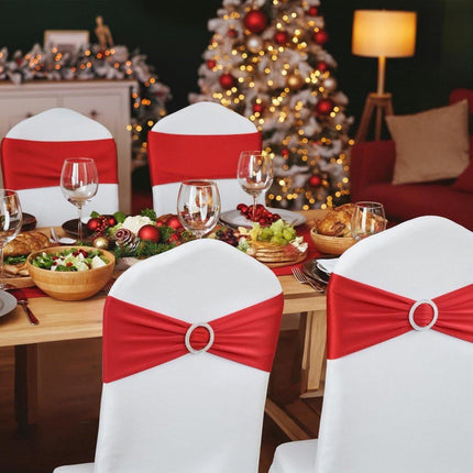 Chair Covers - Pack of 5 - Christmas Chair Covers - Party Chair Covers - Premium Elastic Chair Cover Straps - Buckle Slider - Universal Elastic Chair Straps - Wedding - Ceremony - Banquet Decoration - Red.