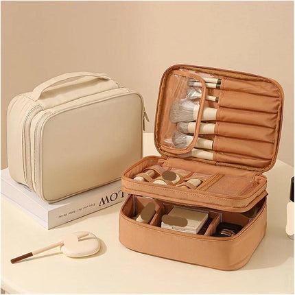 Makeup Bag - Cosmetic Storage Bag - Travel Bag - Large Capacity Makeup Bag - Women's Toiletry Bag - Portable Makeup Bag with Brush Holder and Compartments (Double-Layered Beige).