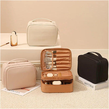 Makeup Bag - Cosmetic Storage Bag - Travel Bag - Large Capacity Makeup Bag - Women's Toiletry Bag - Portable Makeup Bag with Brush Holder and Compartments (Double-Layered Beige).