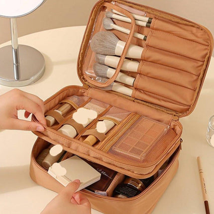Makeup Bag - Cosmetic Storage Bag - Travel Bag - Large Capacity Makeup Bag - Women's Toiletry Bag - Portable Makeup Bag with Brush Holder and Compartments (Double-Layered Beige).