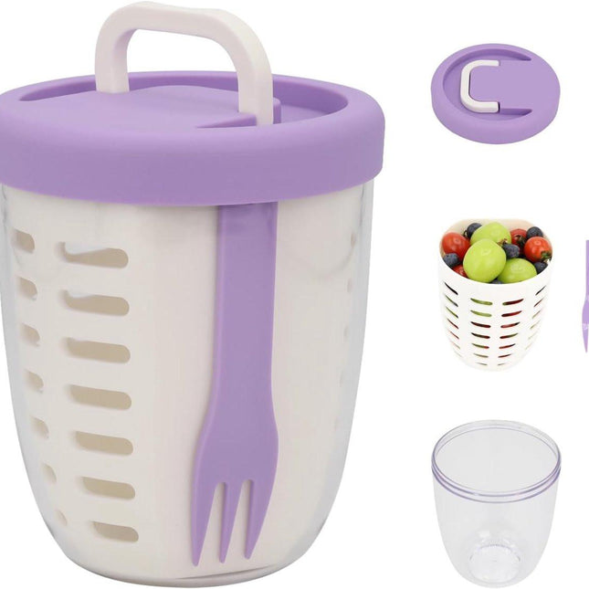 Fruit Bowl - Salad Bowl - Leakproof reusable food container with lid and draining basket - Suitable for work, school, and travel. - 650 ml (Purple).