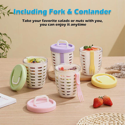 Fruit Bowl - Salad Bowl - Leakproof reusable food container with lid and draining basket - Suitable for work, school, and travel. - 650 ml (Purple).