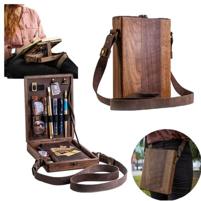 Multifunctional Wooden Shoulder Bag - Vintage Design for Artists & Writers - Artist Tool Set - Brush, Tool Storage Box - Sketch Box - Easel - with Storage Pockets and Adjustable Strap - 25x19x6 cm.
