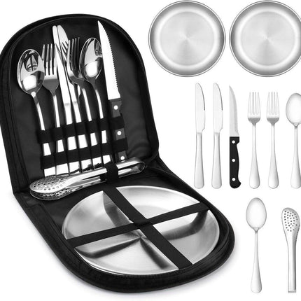 2 Person Cutlery Set (10-piece) - Camping Set for 2 People - Spoons, Knives, Forks, Steak Knives - 10 Pieces Stainless Steel Cutlery - Including Carrying Bag - For Picnic & Travel - Silver.