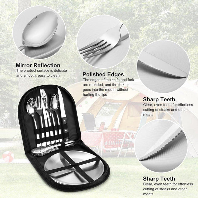 2 Person Cutlery Set (10-piece) - Camping Set for 2 People - Spoons, Knives, Forks, Steak Knives - 10 Pieces Stainless Steel Cutlery - Including Carrying Bag - For Picnic & Travel - Silver.