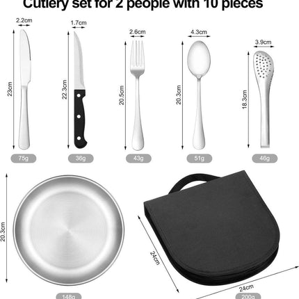 2 Person Cutlery Set (10-piece) - Camping Set for 2 People - Spoons, Knives, Forks, Steak Knives - 10 Pieces Stainless Steel Cutlery - Including Carrying Bag - For Picnic & Travel - Silver.