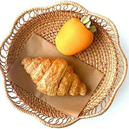 1pc Rattan Fruit Basket, Hand Woven Bread Basket, Tabletop Round Wicker Food Serving Storage Bowl, Natural Woven Decorative Baskets for Home Kitchen Counter Organizing.