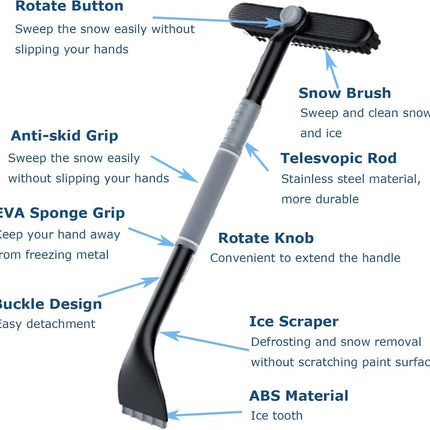 3-in-1 Snow Brush and Ice Scraper for Car Windows - Extendable Snow Remover - 360° Rotating Snow Brush and Ice Scraper with Long Handle (Gray).