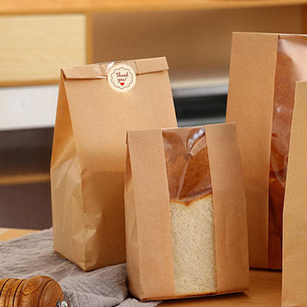 Bread Bag - Kraft paper with transparent window - 23.5*12*5 cm | Small baking bag - Suitable for storing bread, cookies, and snacks - Includes resealable tape.