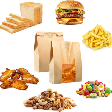 Bread Bag - Kraft paper with transparent window - 23.5*12*5 cm | Small baking bag - Suitable for storing bread, cookies, and snacks - Includes resealable tape.