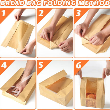 Bread Bag - Kraft paper with transparent window - 23.5*12*5 cm | Small baking bag - Suitable for storing bread, cookies, and snacks - Includes resealable tape.