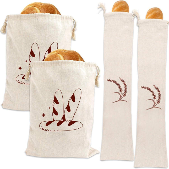 Bread Bag | Pack of 4 - Reusable Bread Bags - Drawstring Bread Bags - Storage Bags - Washable Fabric Bread Bags - Breathable Cotton - For Homemade Bread, Baguettes, and Other Pastries (Coffee Brown).