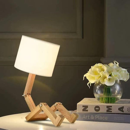 Creative Robot Table Lamp, Height Adjustable, Can Hold Books, Wooden Bedside Lamp, Fabric Shade, E27 Screw Base, Decorative Lighting..