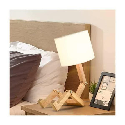 Creative Robot Table Lamp, Height Adjustable, Can Hold Books, Wooden Bedside Lamp, Fabric Shade, E27 Screw Base, Decorative Lighting..
