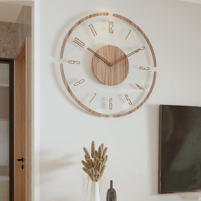 Vintage Wooden Wall Clock 30cm Round Silent Battery Operated Non-Ticking Decorative Clock for Living Room Bedroom with Transparent Acrylic.