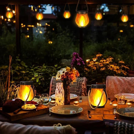 1/2/4 Pack Solar Garden Lights with Flame Effect - Waterproof Hanging Lanterns with USB Charging, Halloween and Garden Decoration (Four-piece set).