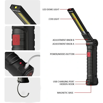 Rechargeable LED Work Light 2 Pack Magnetic COB USB Torch 5 Modes 360° Camping Lamp for Workshop Garage Emergency Auto Inspection Lighting{YG}.