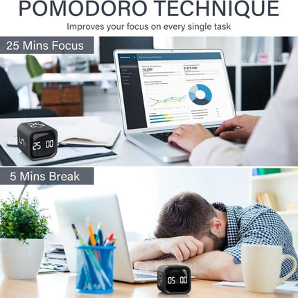 Pomodoro Timer 25/5/10 Min Desk Timer Vibration Volume Adjustable Productivity Clock.