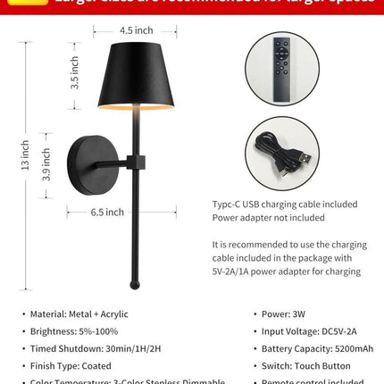 Wireless Wall Lamps 2-pack, LED Lamps with Rechargeable Battery, Stepless Dimmable with Remote Control.