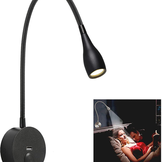 Dimmable Bedside Lamp, Minimalist LED Bedside Reading Lamp, Headboard Wall Mounted with USB Charger (Matte Black).