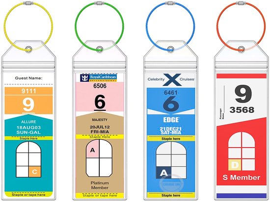 4-Piece Cruise Luggage Tags - Cruise Tag Holder - with Steel Ring - Transparent - for all your Royal Caribbean and Celebrity Cruises cruise essentials.