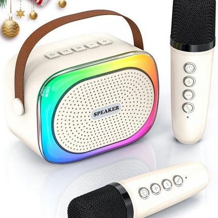 Karaoke set for kids - Portable Bluetooth speaker for car - Equipped with 2 karaoke microphones - Voice changer and LED lights - Ideal birthday gift for teenagers and children - Off-white.