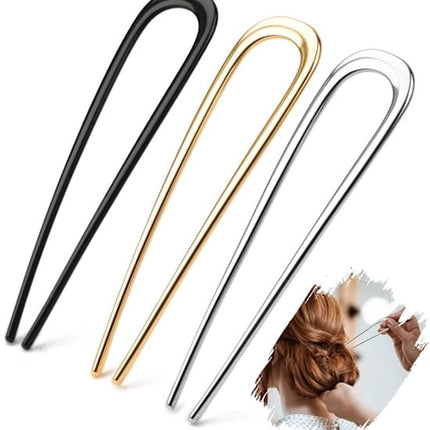 French Hair Clips - Metal 14cm / 5.5 inch - French Twist Clips - French Twist Clips - U-Shaped Clips - Gold, Silver and Black Clips - Large Clips - Pack of 3.